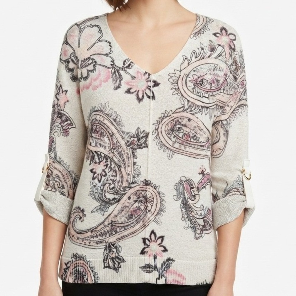 Chico's Paisley Floral Knit Sweater Women Size 0 Small Cream Roll-Tab Sleeve